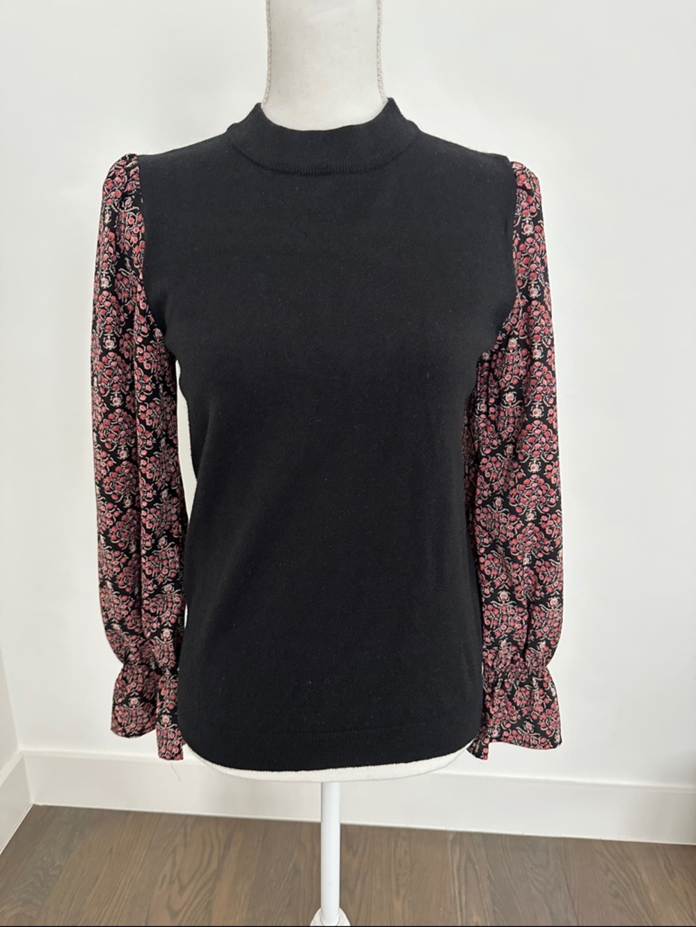Black Knit Top with Pink Floral Puff Sleeves